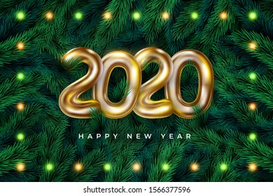 Realistic Happy New 2020 Year wreath frame with garland. Vector festive background with pine branches and 2020 text for invitation, greeting card and banner.