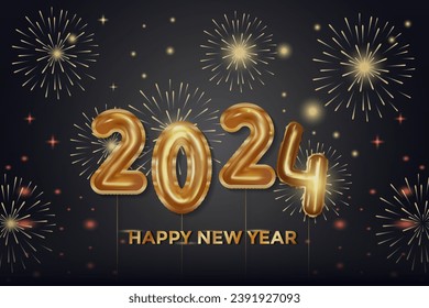 realistic happy new year 2024 with fireworks background illustration