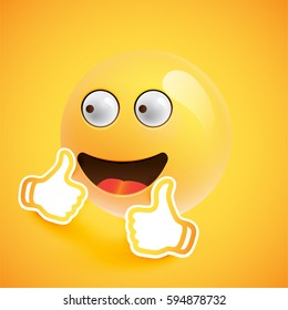 Realistic happy smiley with thumbs up, vector illustration