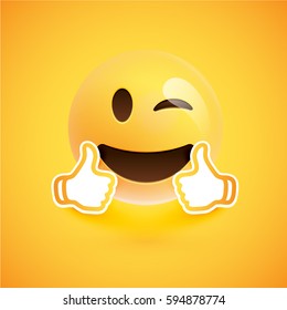Realistic happy smiley with thumbs up, vector illustration