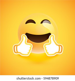 Realistic happy smiley with thumbs up, vector illustration