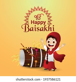 Realistic happy vaisakhi greeting card with dhol and kite
