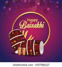 Realistic Happy Vaisakhi Greeting Card With Dhol And Kite