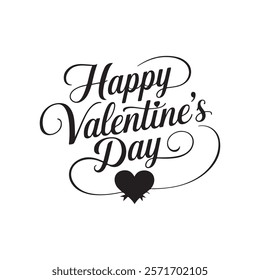 A realistic happy Valentine's Day calligraphy silhouette on a white background. The calligraphy says "Happy Valentine's Day". There is a heart with a bow at the bottom.