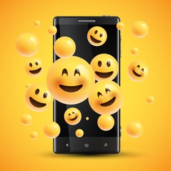 Realistic happy yellow emoticons in front of a cellphone, vector illustration