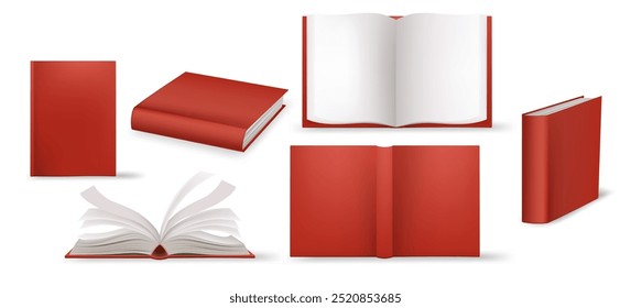 Realistic hard cover book with red spine and cover mockup. Closed and open books set isolated vector illustration