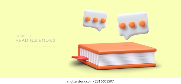 Realistic hardcover book, communication icons. Process of learning and development. Intelligence, reading books. Communication with information field. Using experience of others