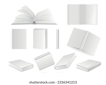 Libros realistas de tapa dura. Modelación de libros en blanco con ejemplo de páginas vacías, librería de librerías de librerías de cuadernos 3d o de portafolios cerrados, ilustración vectorial exacta