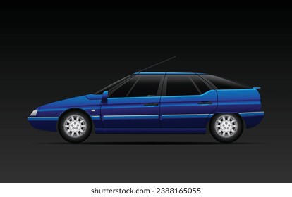 Realistic hatchback executive sedan in deep marine blue color illustration vector.