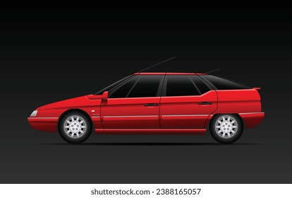 Realistic hatchback executive sedan in mandarin red color with additional cellular antenna on the back of the car roof illustration vector.