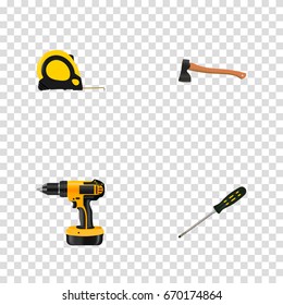 Realistic Hatchet, Carpenter, Length Roulette And Other Vector Elements. Set Of Tools Realistic Symbols Also Includes Drill, Electric, Screwdriver Objects.