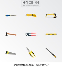 Realistic Hatchet, Hacksaw, Scissors And Other Vector Elements. Set Of Tools Realistic Symbols Also Includes Appliance, Tongs, Level Objects.