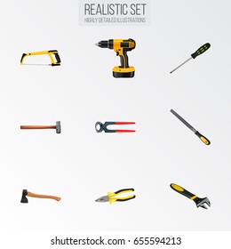 Realistic Hatchet, Pliers, Sharpener And Other Vector Elements. Set Of Tools Realistic Symbols Also Includes Axe, Screwdriver, Spanner Objects.