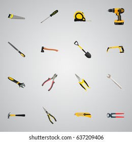 Realistic Hatchet, Scissors, Hacksaw And Other Vector Elements. Set Of Construction Realistic Symbols Also Includes Knife, Tool, Measure Objects.