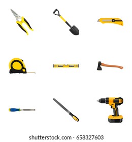 Realistic Hatchet, Sharpener, Plumb Ruler And Other Vector Elements. Set Of Instruments Realistic Symbols Also Includes Stationery, Electric, Carpenter Objects.