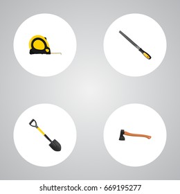 Realistic Hatchet, Sharpener, Spade And Other Vector Elements. Set Of Instruments Realistic Symbols Also Includes Tool, Instrument, Emery Objects.