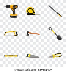 Realistic Hatchet, Sharpener, Spade And Other Vector Elements. Set Of Tools Realistic Symbols Also Includes Hacksaw, Instrument, Shovel Objects.
