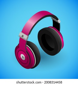 Realistic headphones in isometry. Vector isometric illustration of electronic device, earphone in purple colors. Portable electronic gadget, headset isolated on blue background