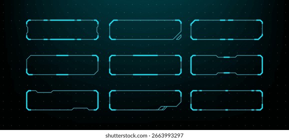 Realistic heads up display vector frames set for sci fi interface design. Futuristic digital gui elements for game and display.