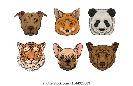 Realistic heads of wild animals and dogs. Vector illustration.
