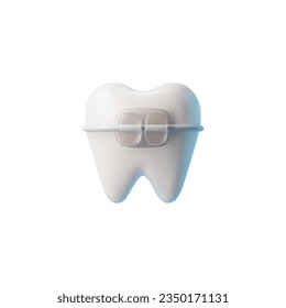 Realistic healthy tooth with bracket 3D style, vector illustration isolated on white background. Teeth alignment, decorative design element, orthodontics and dentistry