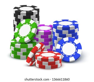 Realistic heap sport poker chips or 3d stack of casino cash. Tower of red and green, blue and violet, black las vegas money. Sport betting and gambling, monaco and macau, winner, fortune theme