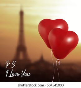 Realistic heart balloons flying against eiffel tower. party and celebrations. Space for message. Isolated on light background. I love you. Happy Valentines Day.