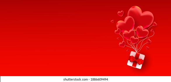 Realistic heart balloons shape decor with surprise gift over air on red background. Horizontal poster, greeting cards, header, website for Mother's Day, Valentine's Day, Birthday.