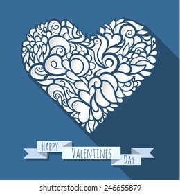 Realistic Heart cut out of paper with a pattern inside on blue background. Valentines day or Wedding vector background
