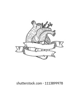 Realistic heart icon in white background. Vector illustration. Handmade black line digital art. Anatomy drawing with tape and a blank space to place o name or a sentence.