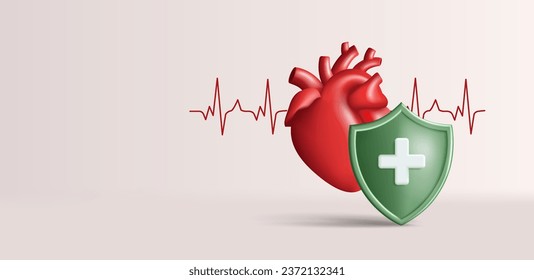 Realistische Herzgrafik mit Schild-Symbol und Herzschlag-Linie, 3D-Darstellung für Krankenhäuser