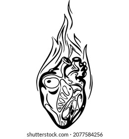 Realistic Heart On Fire Sketch Vector Illustration Hand Draw