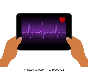 Realistic heart rate graph on screen black tablet. Hands hold tablet. Heart beat. Ekg icon wave. Purple color. Stock vector illustration.purple
