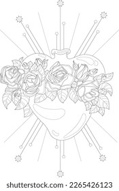 Realistic heart and roses   stars graphic sketch template  Cartoon vector illustration in black   white for game  background  pattern  decor  Childrens story book  fairytail  coloring paper  page