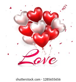 Realistic heart shape balloons with lettering of love on white background for Valentine's Day celebration greeting card design.