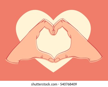 Realistic heart shape hand gesture. Vector isolated on red background. 