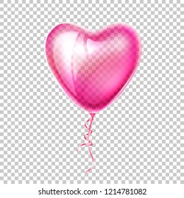 Realistic heart shape pink balloon with lace on transparent background. Vector valentines day holiday, wedding or romantic dating symbol. Birthday, anniversary party celebration, surprice sign