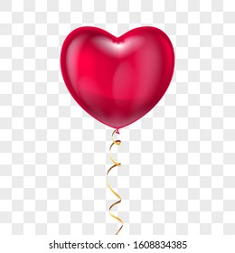 Realistic heart shape red balloon with lace on transparent background. Vector valentines day holiday, wedding or romantic dating symbol. Birthday, anniversary party celebration