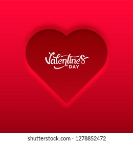 Realistic heart shape with stylish lettering of valentine's day on shiny red stripe background.