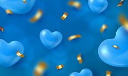 Realistic Heart Shaped Balloons Flying On Blue Background. Romantic Holiday, Birthday, Womens, Mothers Day Celebration Card, Poster, Invitation With 3d Hearts And Golden Confetti On Blurred Background