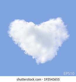 Realistic Heart shaped cloud in the blue sky. Valentine`s day. Vector background 