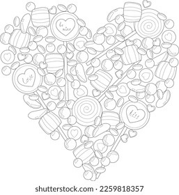 El corazón realista dio forma a la plantilla de dibujo gráfico de diferentes caramelos. Ilustración vectorial en blanco y negro para juegos, fondo, patrón, decoración. Papel colorido, página, libro de historias. Imprimir para telas 