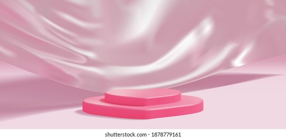 Realistic heart shaped podium for valentine's day, romantic, beauty cosmetic product presentation with beautiful silk sheet backdrop vector