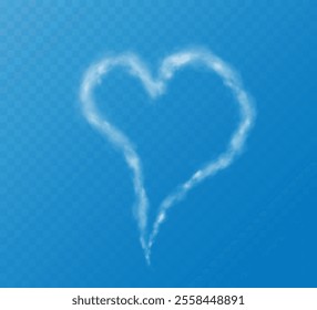 Realistic heart shaped smoke cloud on transparent blue sky background. Romantic smoky, white translucent heart shaped clouds. Vector illustration for your graphic design.	