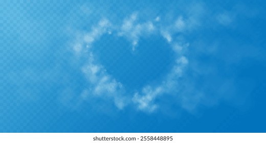 Realistic heart shaped smoke cloud on transparent blue sky background. Romantic smoky, white translucent heart shaped clouds. Vector illustration for your graphic design.	