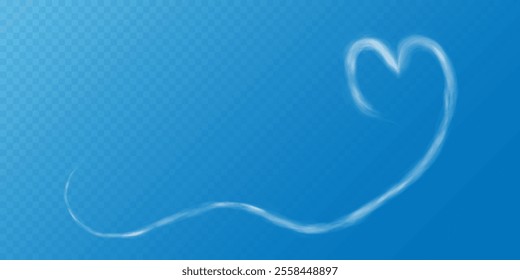 Realistic heart shaped smoke cloud on transparent blue sky background. Romantic smoky, white translucent heart shaped clouds. Vector illustration for your graphic design.	