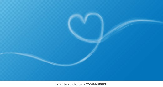 Realistic heart shaped smoke cloud on transparent blue sky background. Romantic smoky, white translucent heart shaped clouds. Vector illustration for your graphic design.	