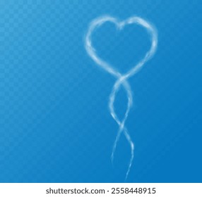 Realistic heart shaped smoke cloud on transparent blue sky background. Romantic smoky, white translucent heart shaped clouds. Vector illustration for your graphic design.	