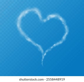 Realistic heart shaped smoke cloud on transparent blue sky background. Romantic smoky, white translucent heart shaped clouds. Vector illustration for your graphic design.	