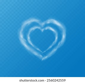 Realistic heart shaped smoke cloud on transparent blue sky background. Romantic smoky, white translucent heart shaped clouds. Vector illustration for your graphic design.	